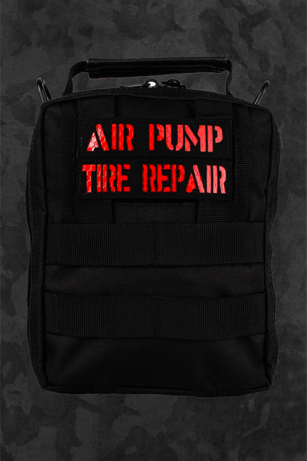 Black back with 'AIR PUMP TIRE REPAIR' text in red on a dark background