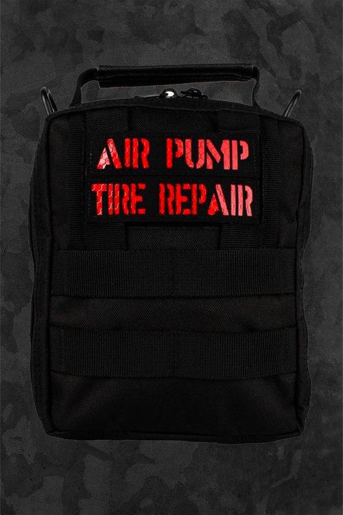 Black back with 'AIR PUMP TIRE REPAIR' text in red on a dark background