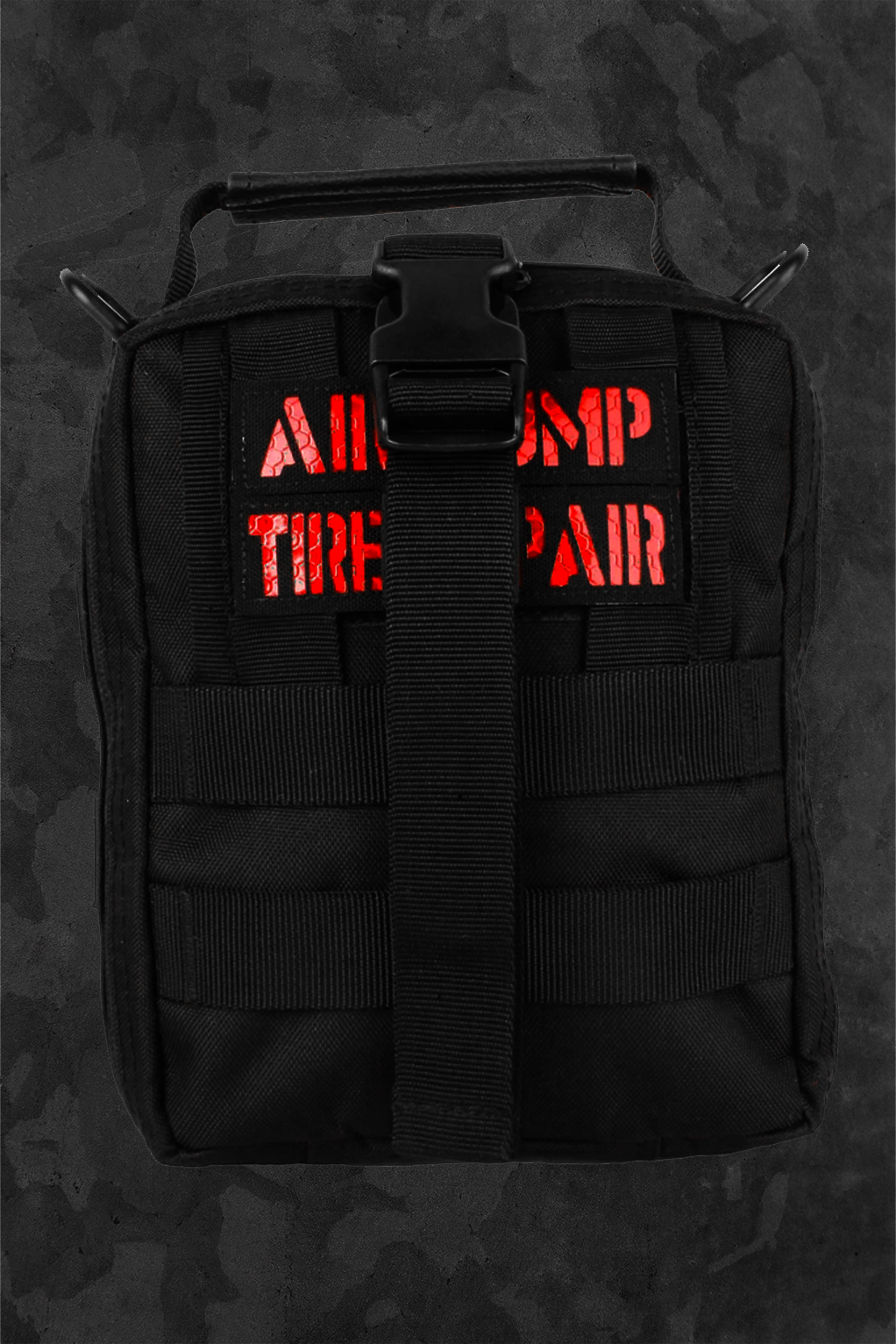 Black back with 'AIR PUMP TIRE REPAIR' text in red on a dark background