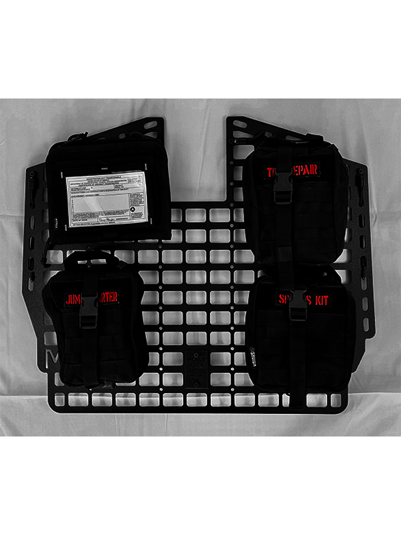 Tactical bags and equipment attached to a Molle Rack.