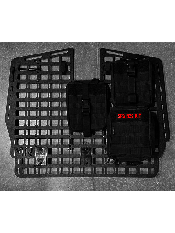 Tactical bags attached to a Molle Rack placed on the floor.