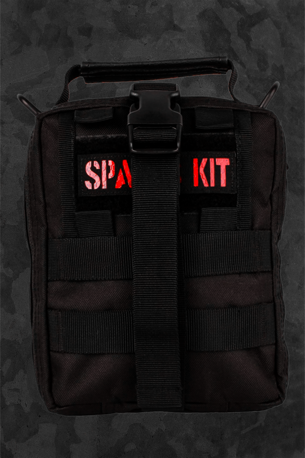 Black 'Spares Kit' bag with red text on a dark background