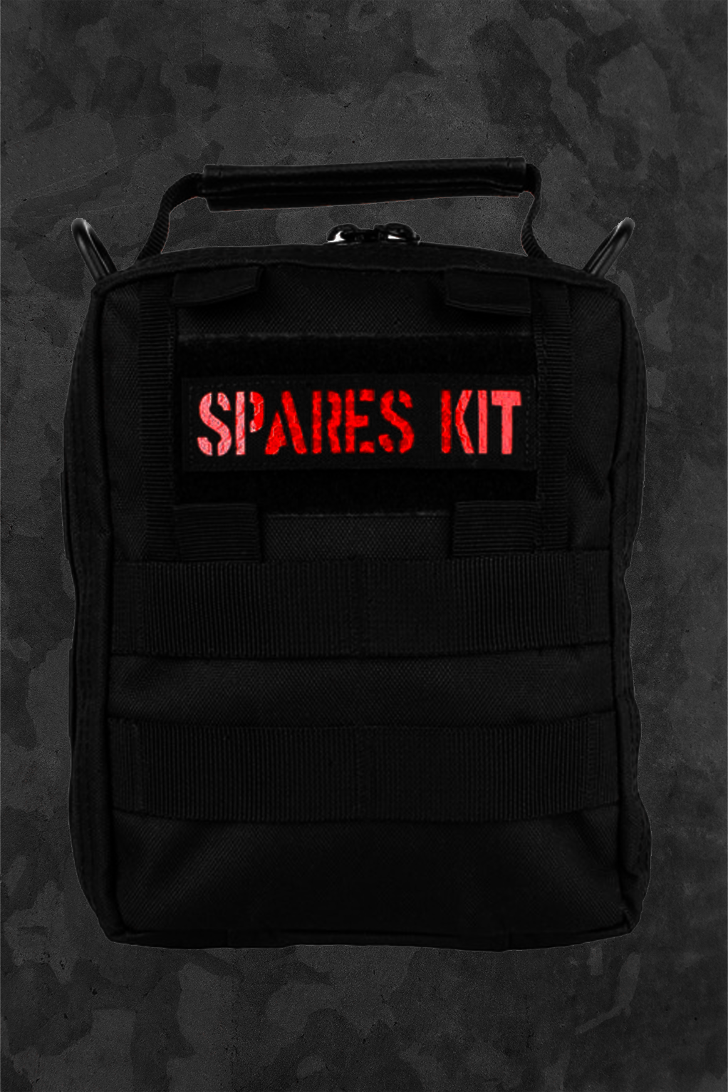 Black 'Spares Kit' bag with red text on a dark background