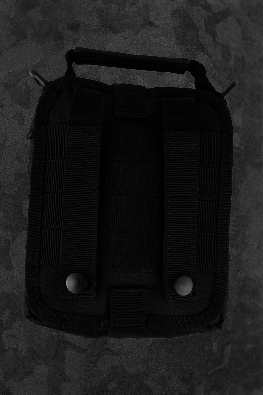 Black tactical spare kit bag on a dark textured background
